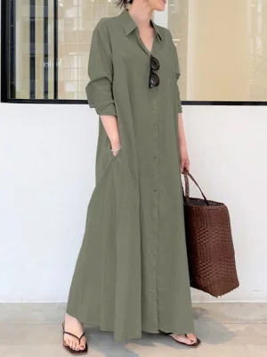 Image of Original Solid Color Lapel Shirt Dress