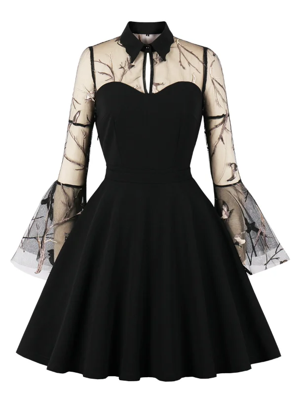 Vintage Embroidered Mesh Paneled Half Bell Sleeve Dress