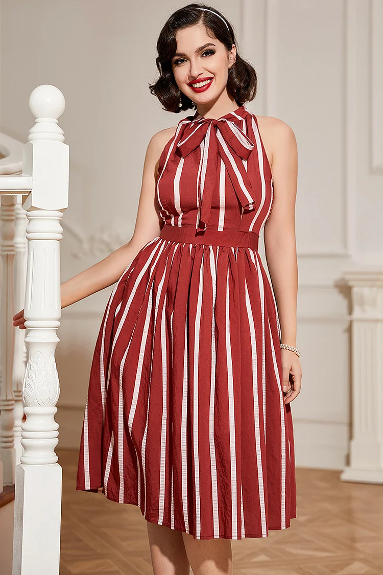 1950s Claret Casual Strip Fitted Bodice Bow Tie Sleeveless A-line Midi Dress [Pre-Order]