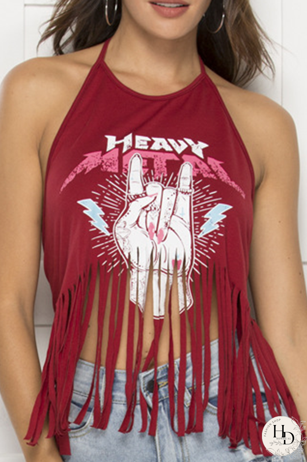 Black Sexy Print Tassel Halter Tops