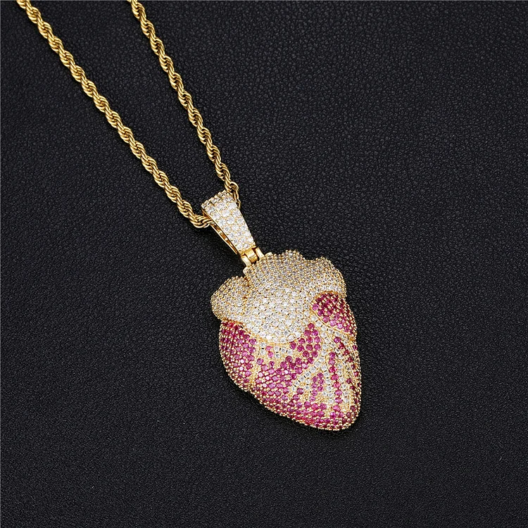 Hip Hop Inlaid Zircon Pink Love Pendant Necklace Jewelry-VESSFUL