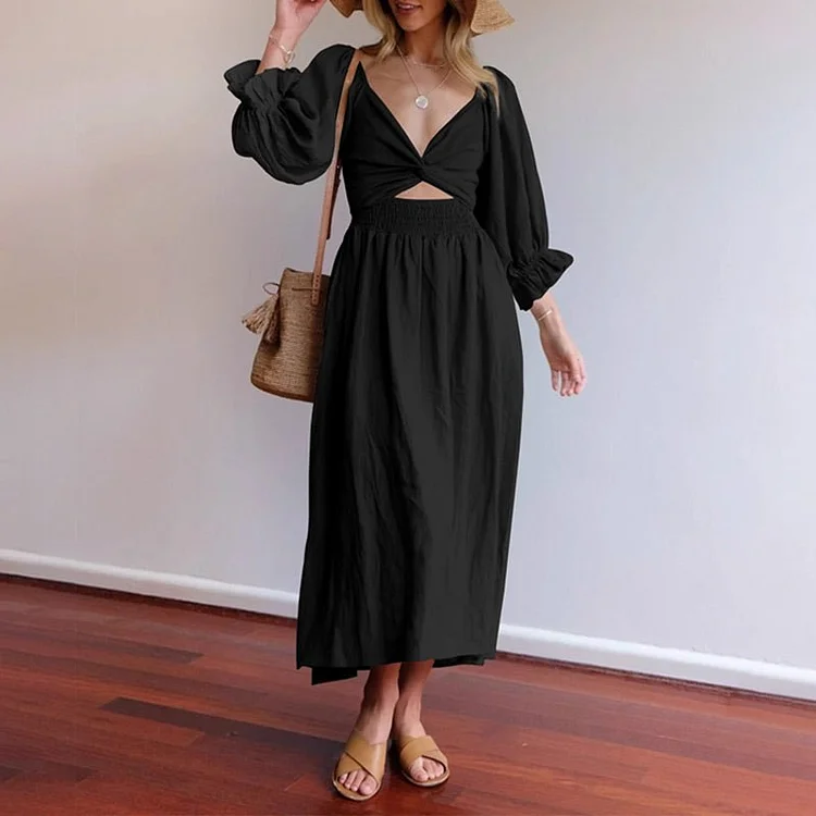 Elegant V-neck middle sleeve twist knot front dress with 2 ways to wear