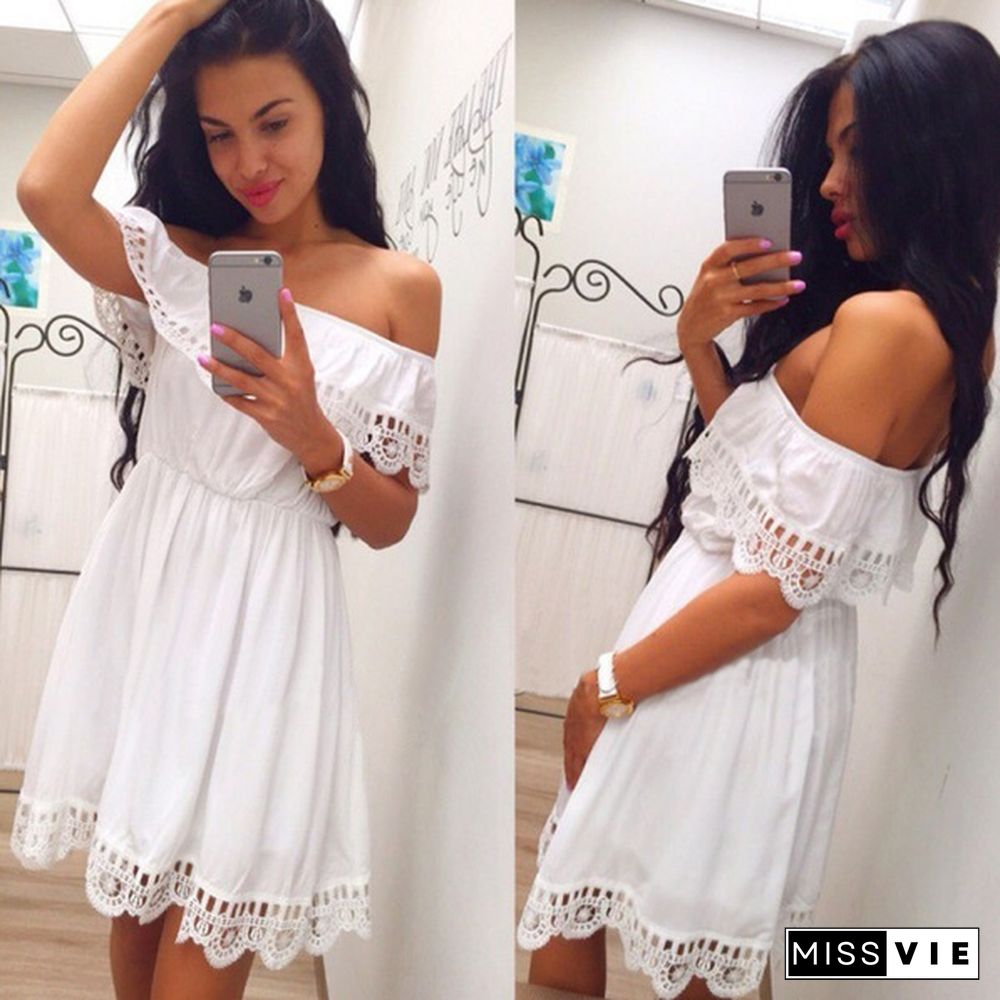 Summer Women White Lace Stitching Dress Off Shoulder Strapless Dress Neck Mini Dresses