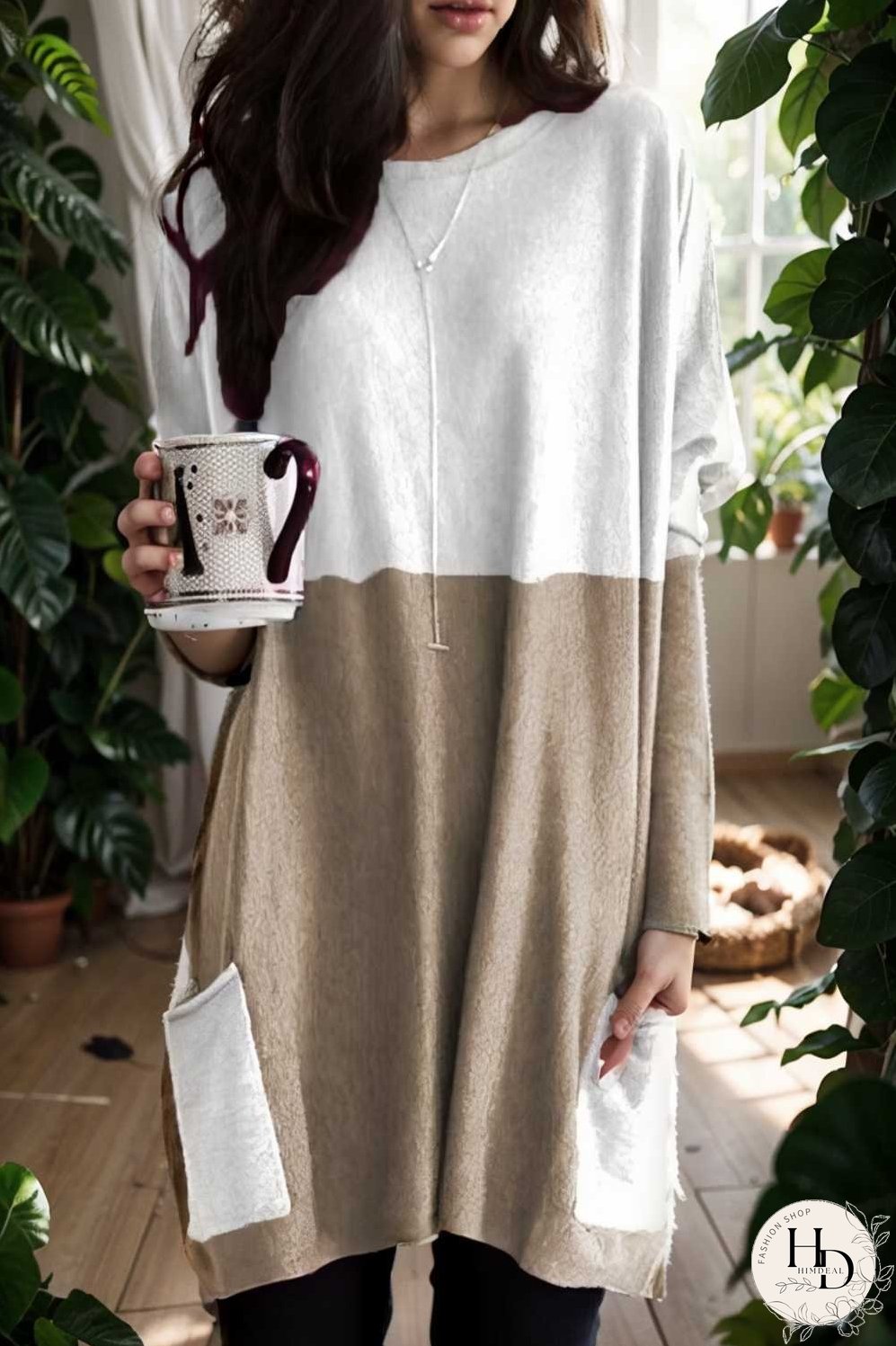 two color stitching pocket loose long sleeve t shirt