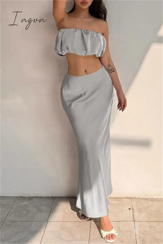 Sexy Solid Backless Strapless Sleeveless Two Pieces Silver / S Pieces/Two-Piece Dress