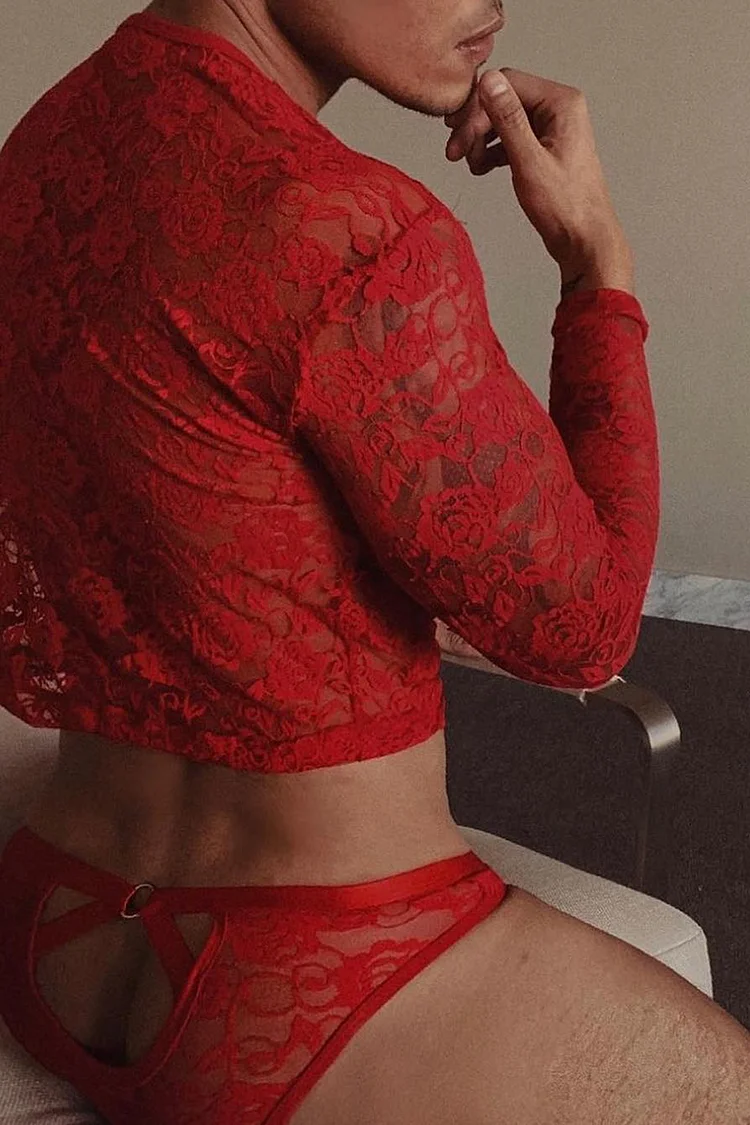 Ciciful See Through Lace Long Sleeve Red Crop Top Briefs Two Piece Set