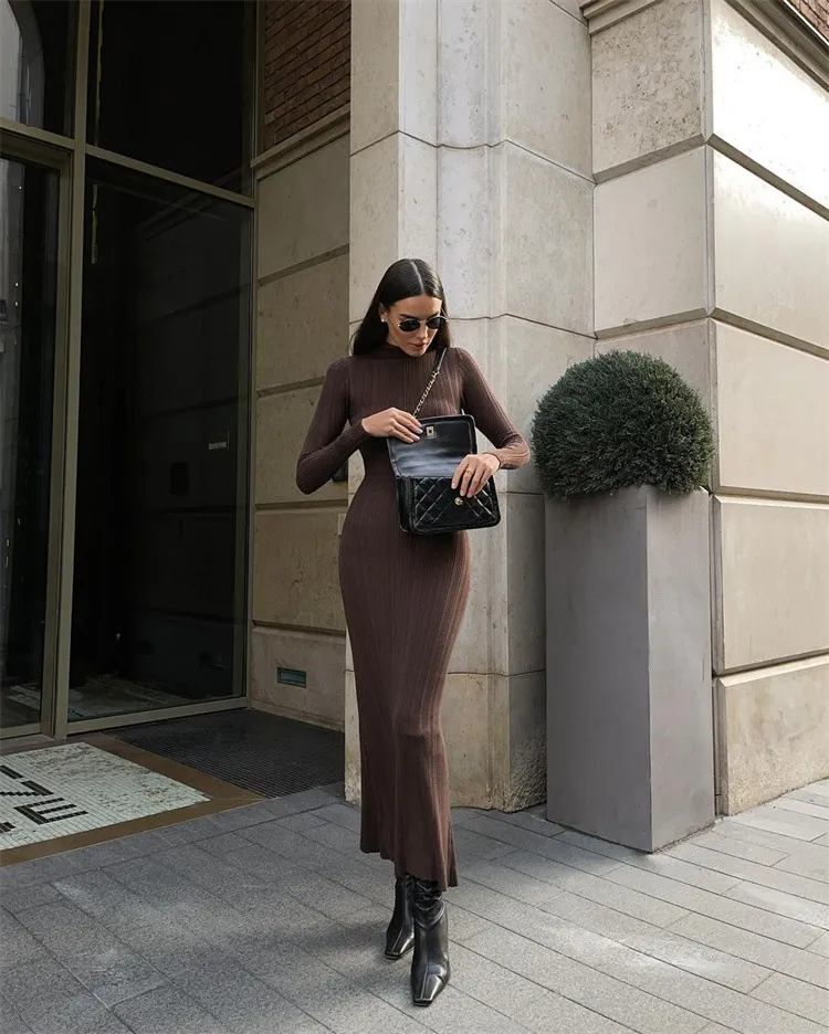 Uveng Uveng And Winter Long-Sleeved Knitted Dress 2024 New Sweater Dress Striped Long High-Collar Tight Sexy Dress