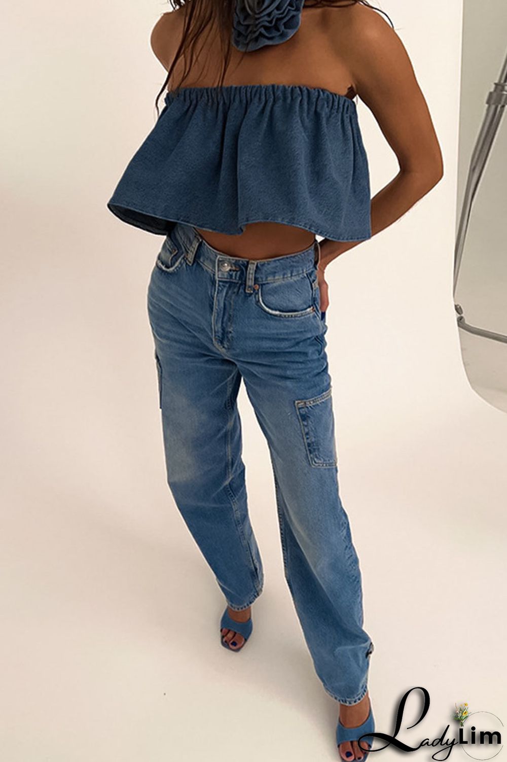 Blue Sexy Solid Patchwork Strapless Tops