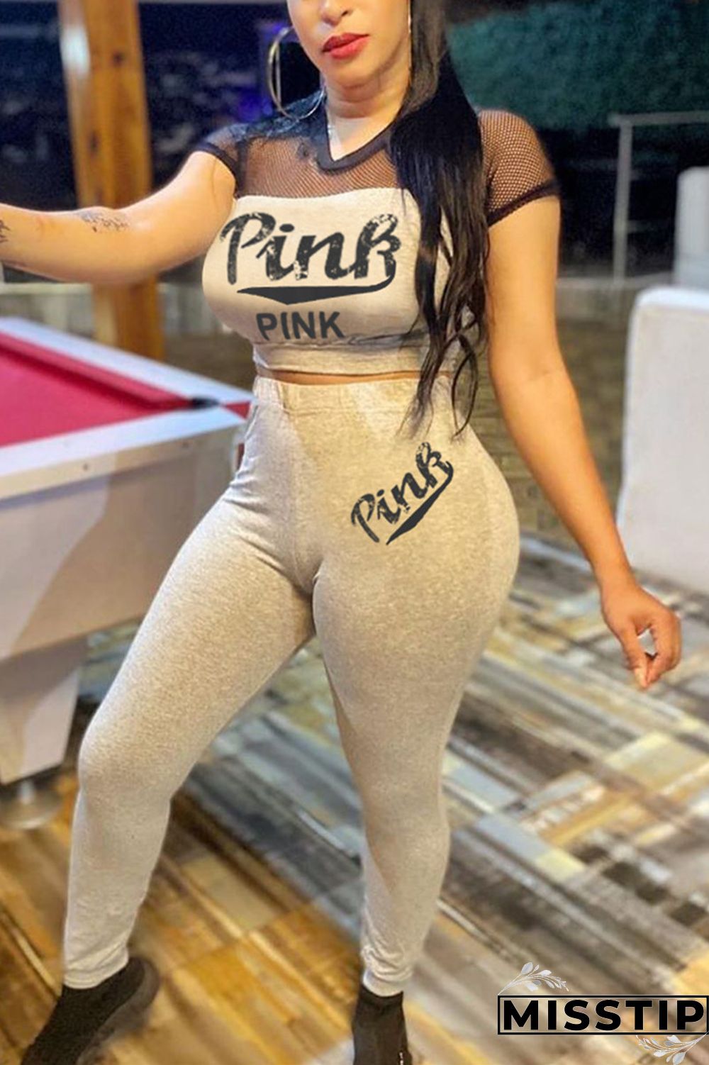 Pink Casual Mesh Patchwork Letter Printed Set