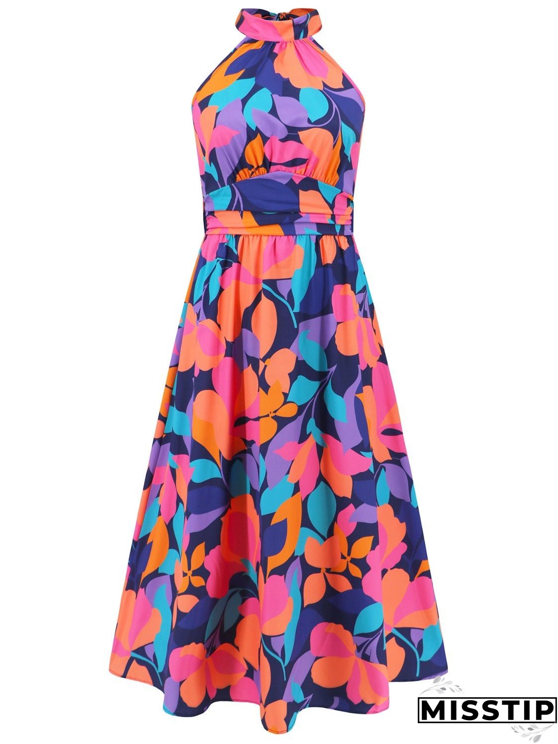 Ruched Printed Halter Neck Sleeveless Dress