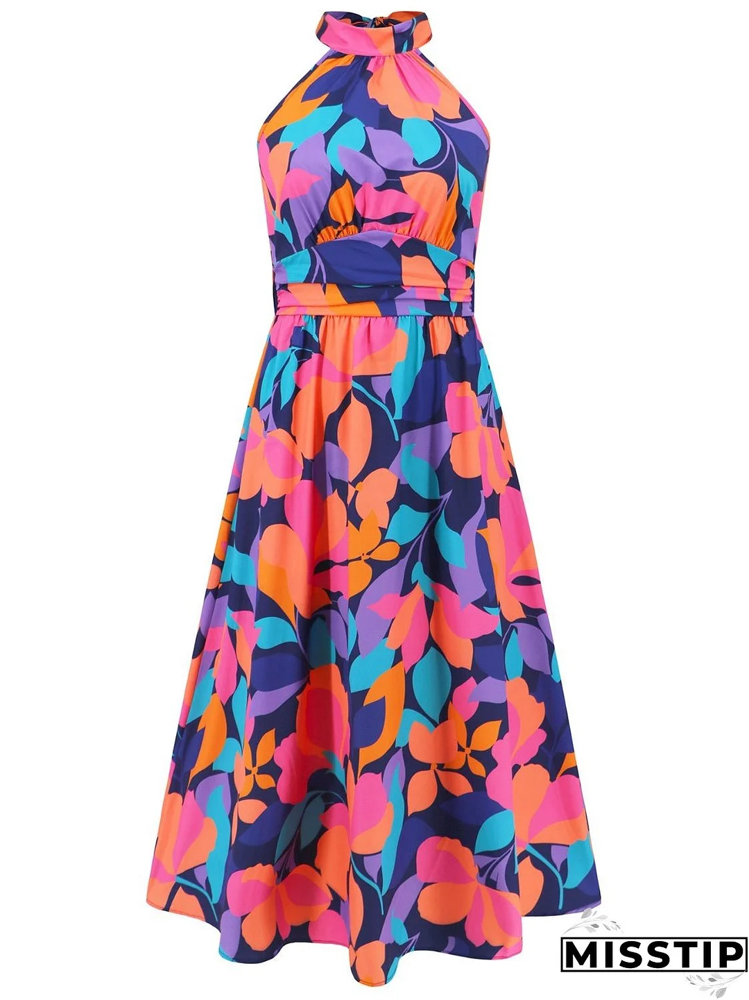 Ruched Printed Halter Neck Sleeveless Dress