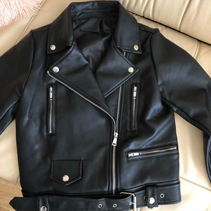 Ailegogo New Women Spring Autumn Black Faux Leather Jackets Zipper Basic Coat Turn-down Collar Motor Biker Jacket With Belt