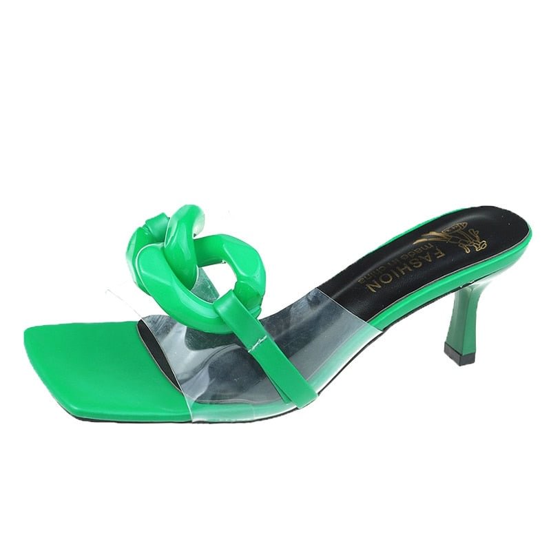 2021 Summer Big Chain Transparent Slippers Women Stilettos Sandals Square Toe High Heels Mules Shoes Women Slides White Green