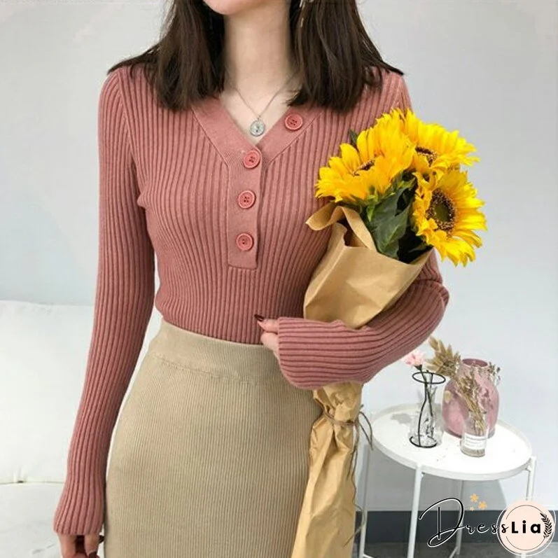 Christmas Gift Sweet Sweater Cardigan Women Long Sleeve Sweaters Solid 10 Colors V-neck Button Autumn and Winter Gentle Women's Knitwear 10807