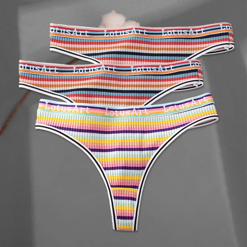 FINETOO 3Pcs/set Women Rainbow Thongs M-XL Cotton Panties Comfortable Striped T-Back Underwear Ladies Soft G-string Lingerie New