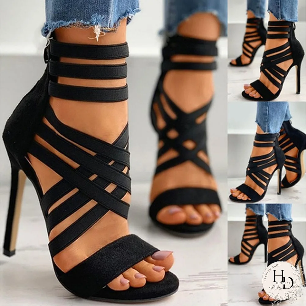 Womens Fashion All Season Black Bandage Peep Toe Stiletto Heels Sexy Casual High Heels High-heeled Sandals