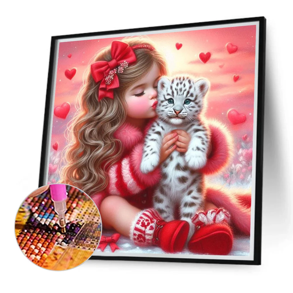 Diamond Painting - Full Round Drill - Loving Girl White Tiger(Canvas|40*40cm)
