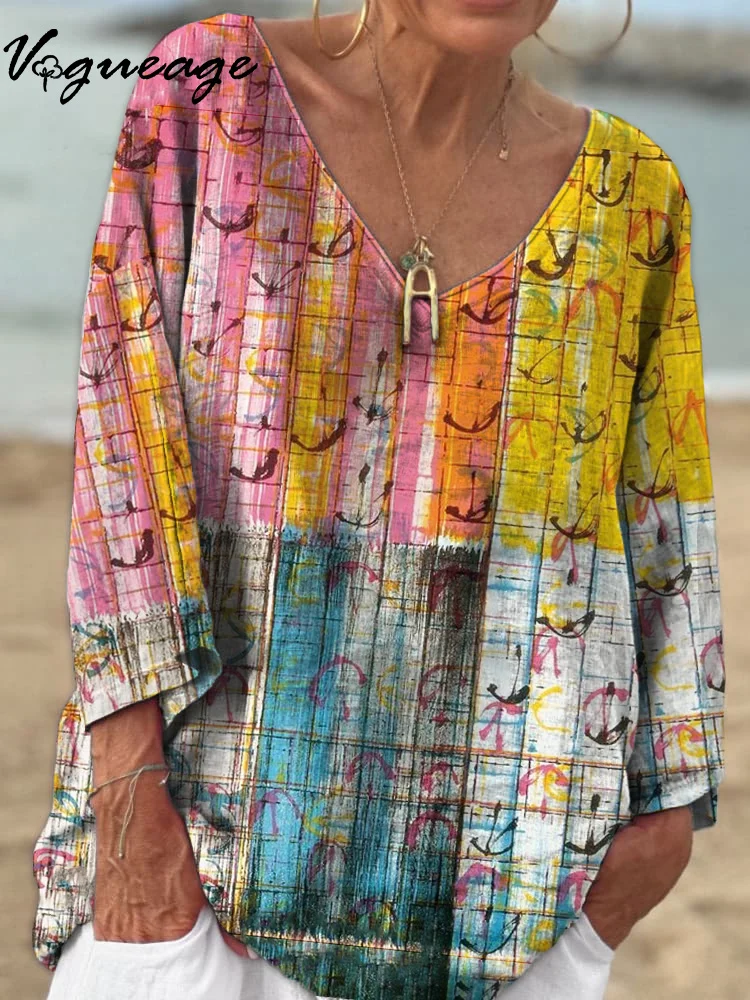 Casual Colorful Watercolor Lines Stripes 3/4 Sleeves Printed Cotton And Linen Shirt