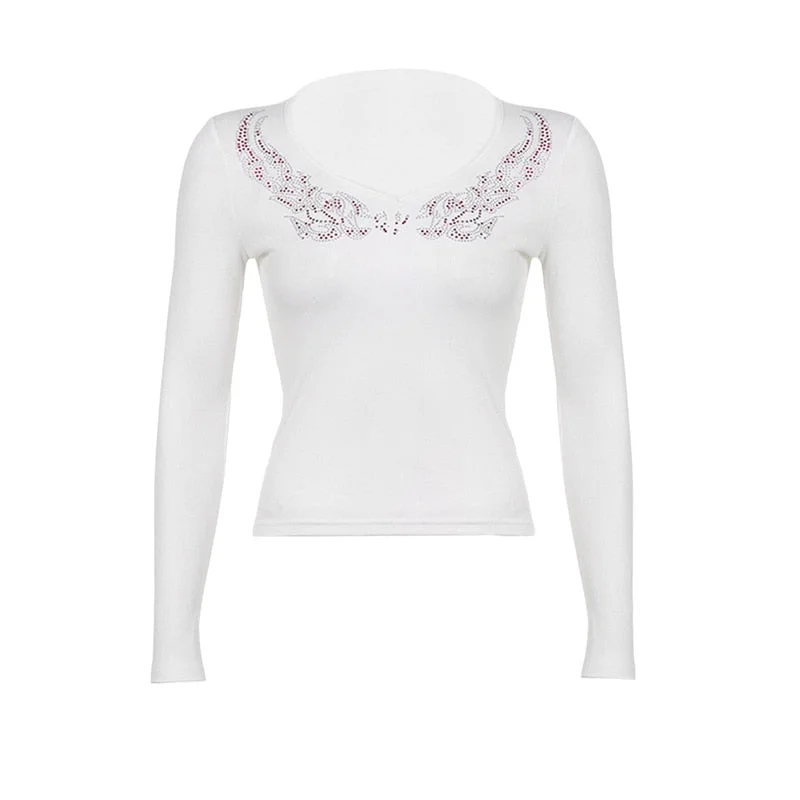 Xingqing Angel Wings Print Tops Fairy Grunge Graphic T Shirts Vintage Indie Aesthetic Clothes Cyber Y2k Slim Long Sleeve Top