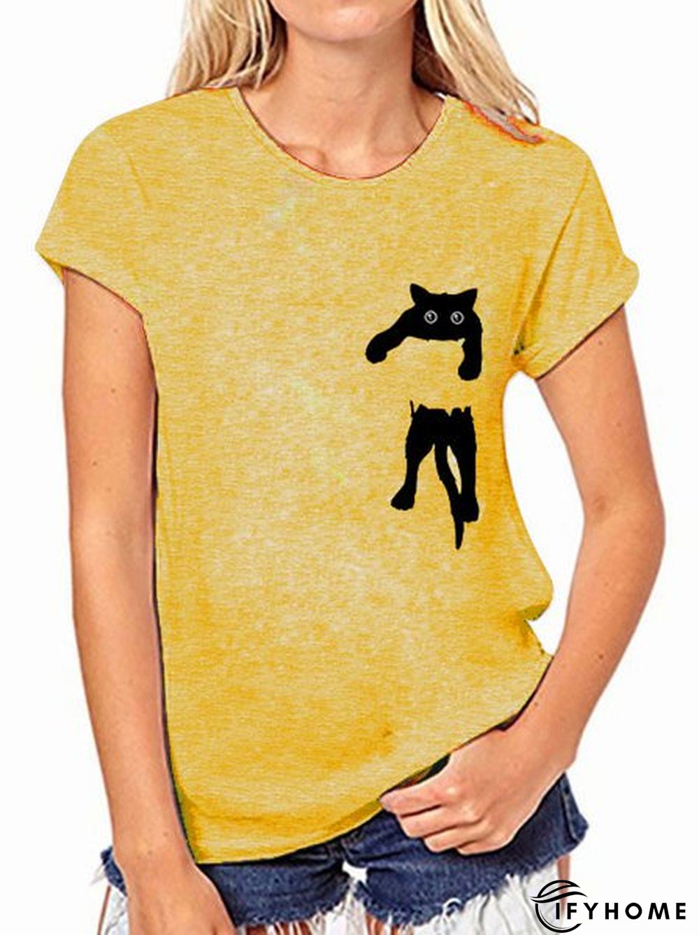 Women Casual Cat Printed Cotton Crew Neck T-shirt & Top | IFYHOME