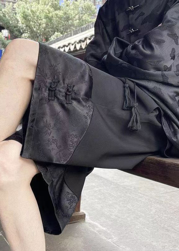 VCSHOES Loose Black Pockets Lace Up Solid Ice Silk Mens Shorts Summer