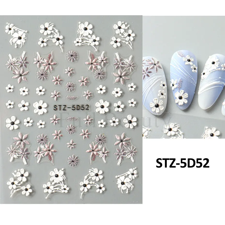 Bonusbad 5D Purple Flower Nail Embossed Sticker Rose Blossom Floral Love Heart Adhesive Decal Valentine's Manicure Slider DIY Accessories