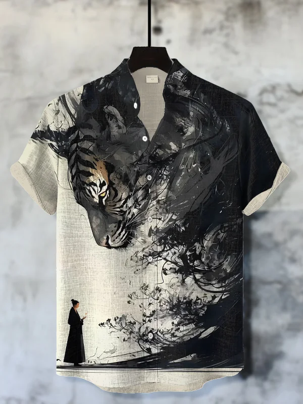 Men's Poet And Tiger Ink Painting Print Casual Shirt