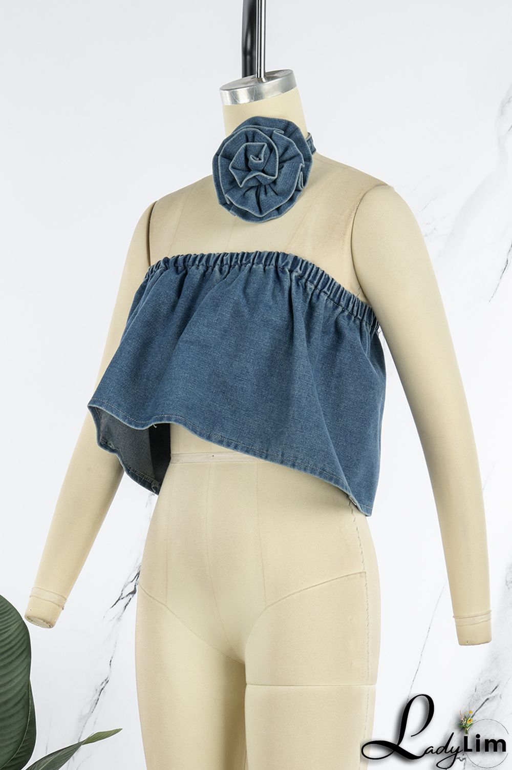 Blue Sexy Solid Patchwork Strapless Tops