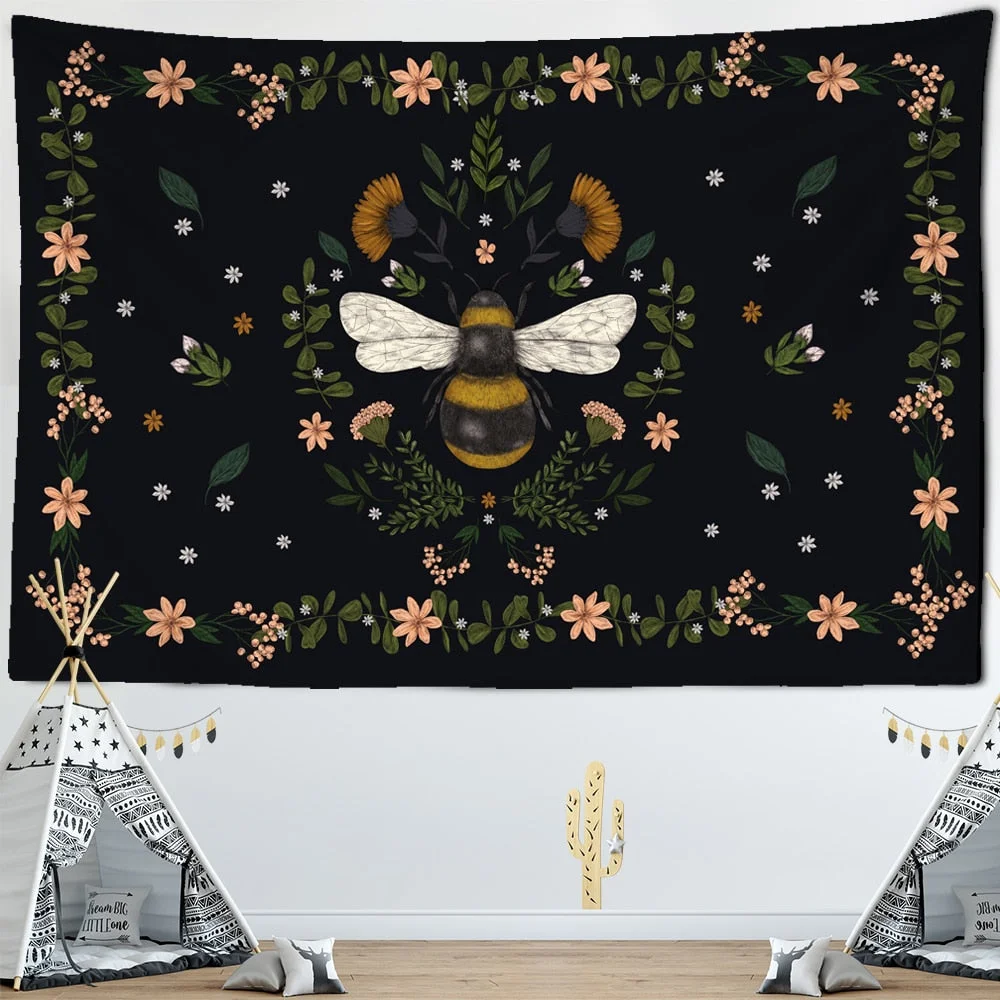 Plants Honeybee Tapestry Wall Hanging Bohemian Beach Mat Polyester Blanket Yoga Mat Home Bedroom Art Decor Custom Psychedelic