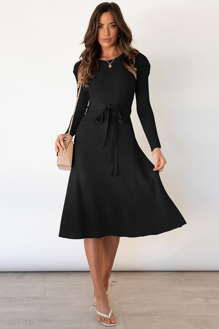 Knitted Long Puff Sleeve Knotted Midi Dresses