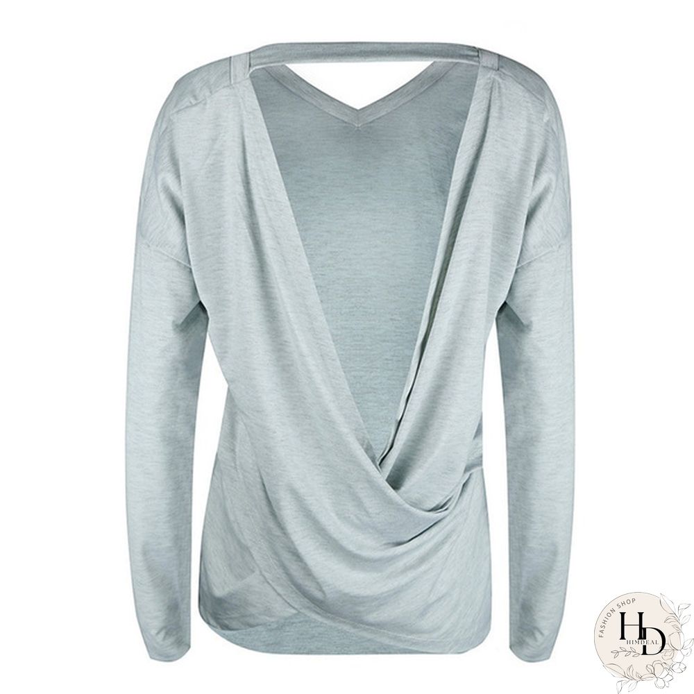 Spring/Autumn Solid V-neck Long Sleeve Backless Top Casual Loose T Shirt Women Tops