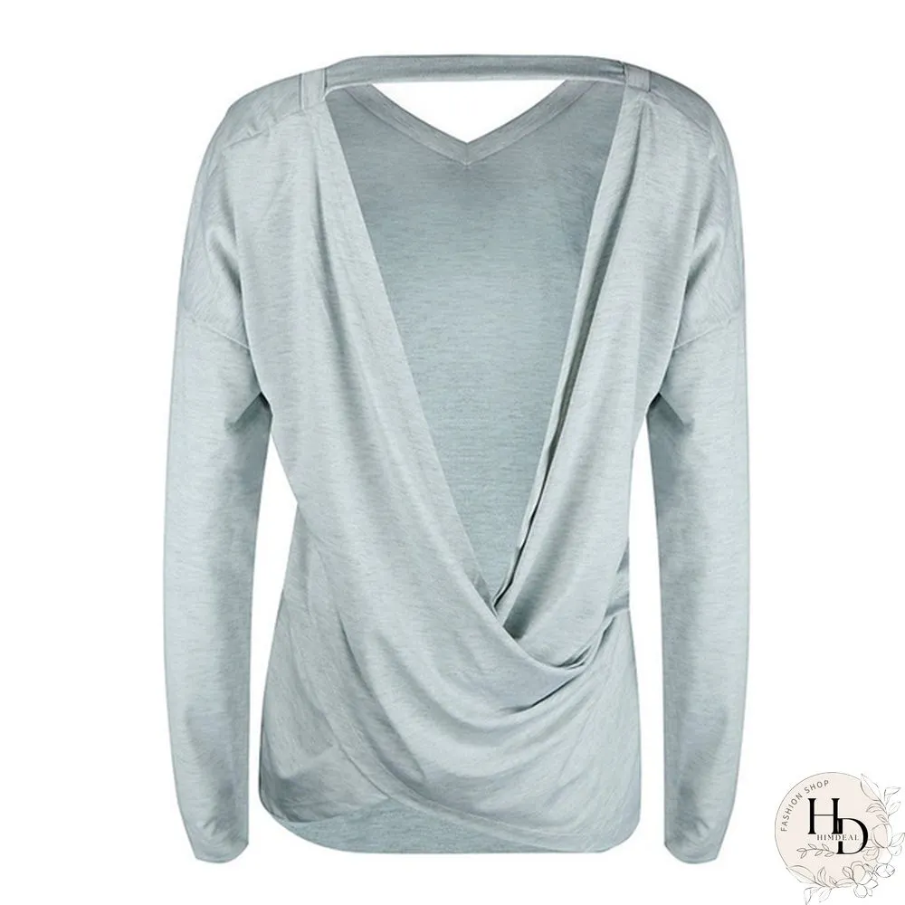 Spring/Autumn Solid V-neck Long Sleeve Backless Top Casual Loose T Shirt Women Tops