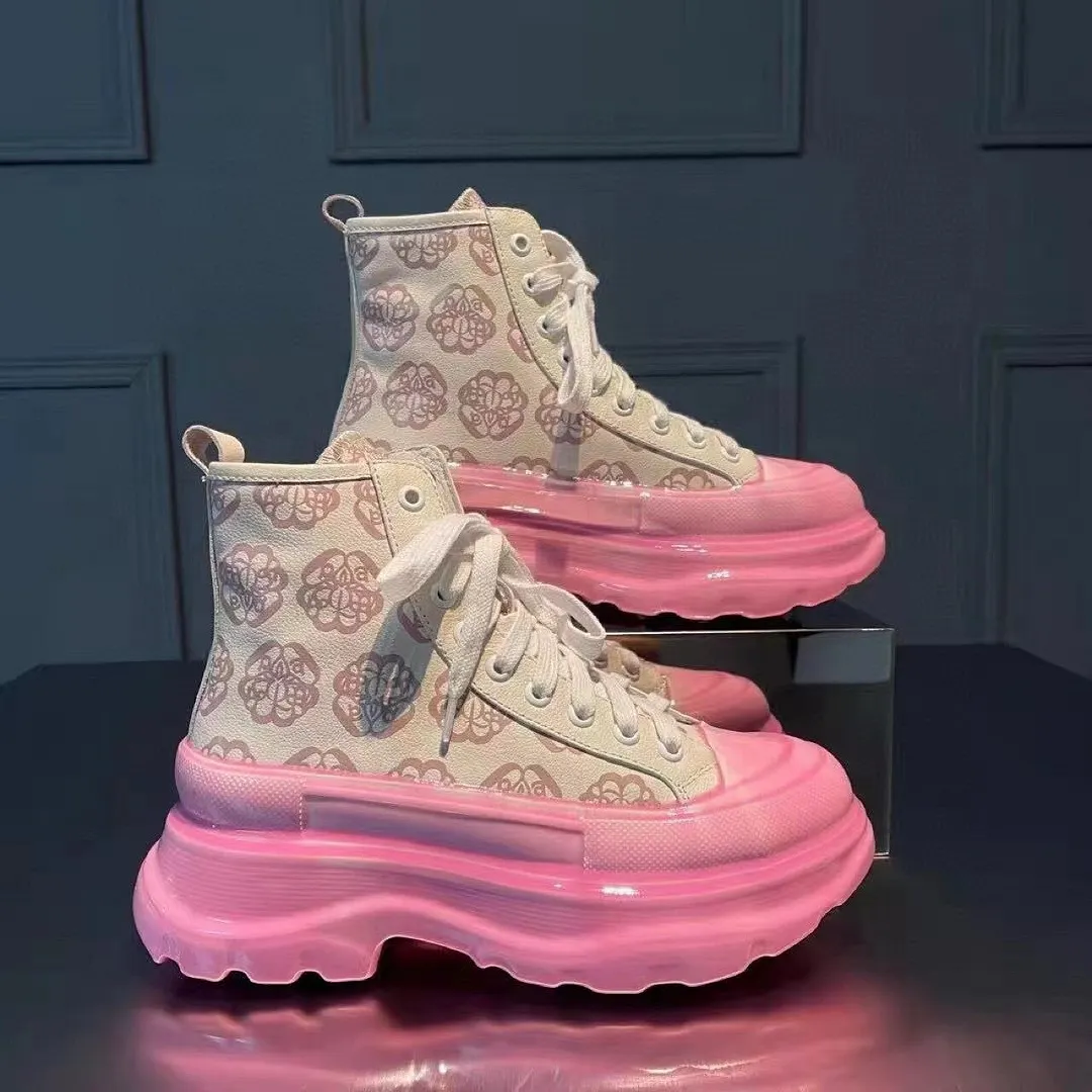 New 2021 Autumn Winter Cowhide Trendy Thick Sole Chic Flower Shoes Women's Shoes Platform Shoes Female Casual Pink Daddy Shoes