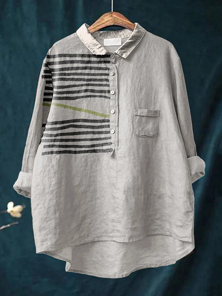 Irregular lines Women's  Print Casual Cotton And Linen Shirt