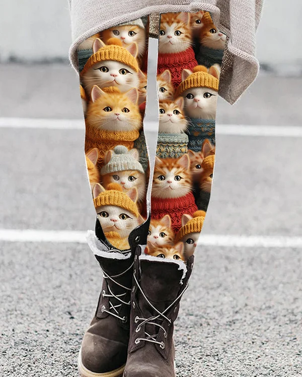 Cute Cat Print Casual Leggings for Winter