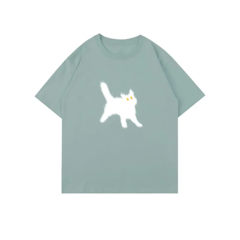 Cartoon Cat Print Round Collar Oversized T-Shirt