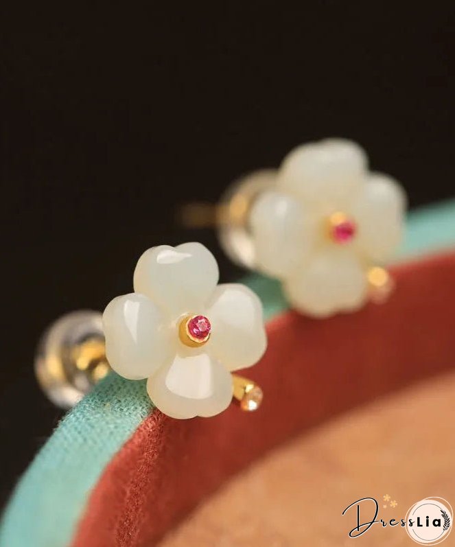 Women Light Green Sterling Silver Jade Zircon Four Leaf Clover Stud Earrings