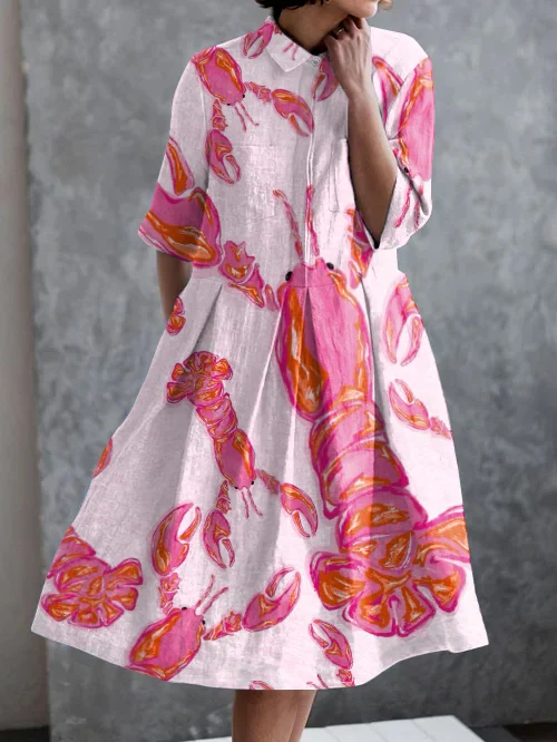 Holiday Pink Lobster Print Casual Pocket Half Sleeve Dress