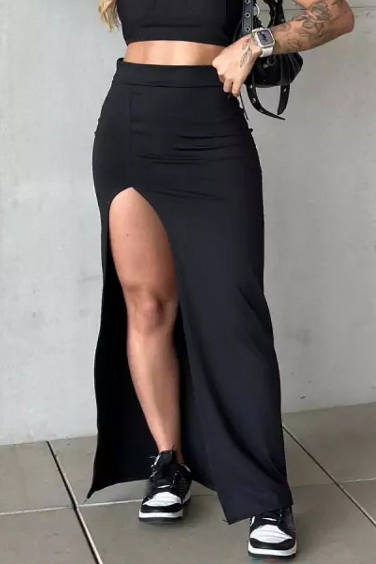 Solid Color High Waist Bodycon High Slit Maxi Skirt-Black