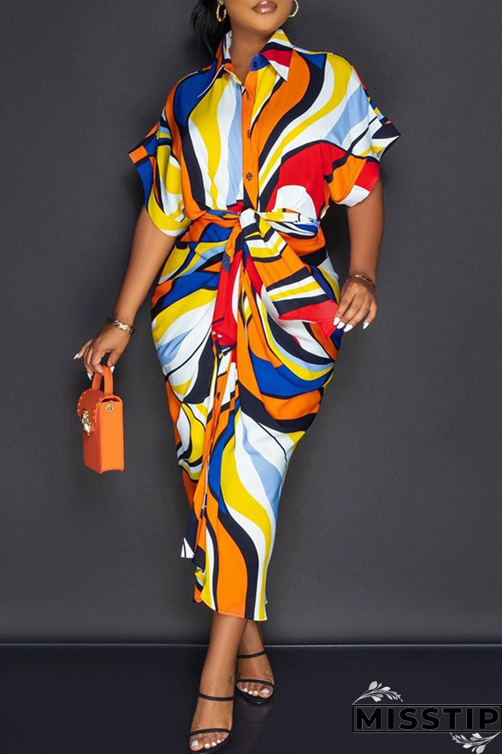 Blue Fashion Casual Print Patchwork Turndown Collar Shirt Dress