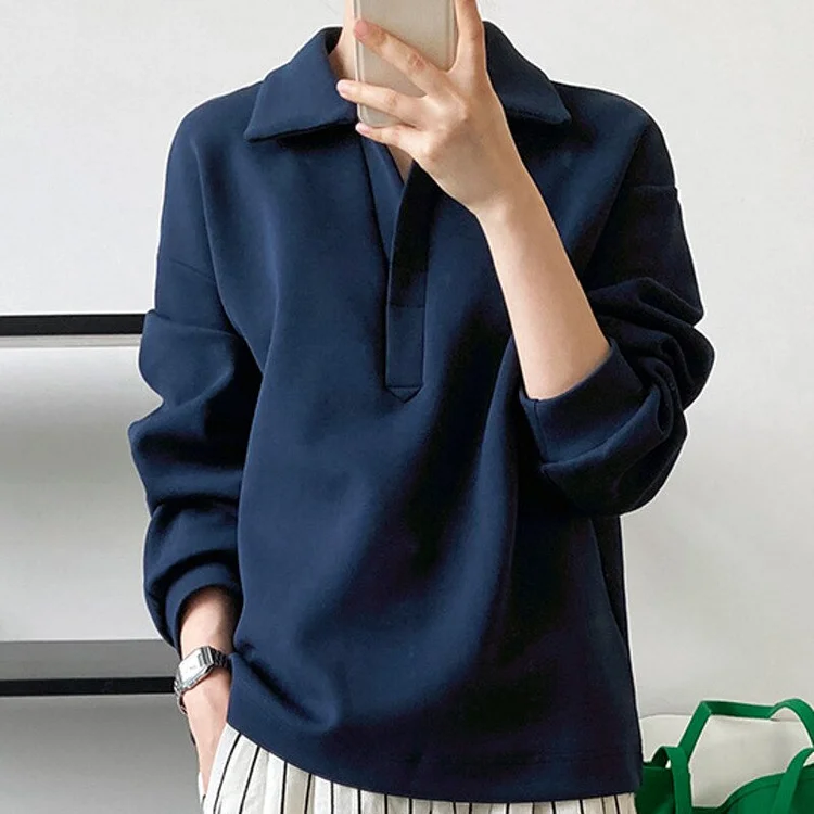 Casual Loose Solid Color Turn-down Collar Long Sleeve Sweatshirt