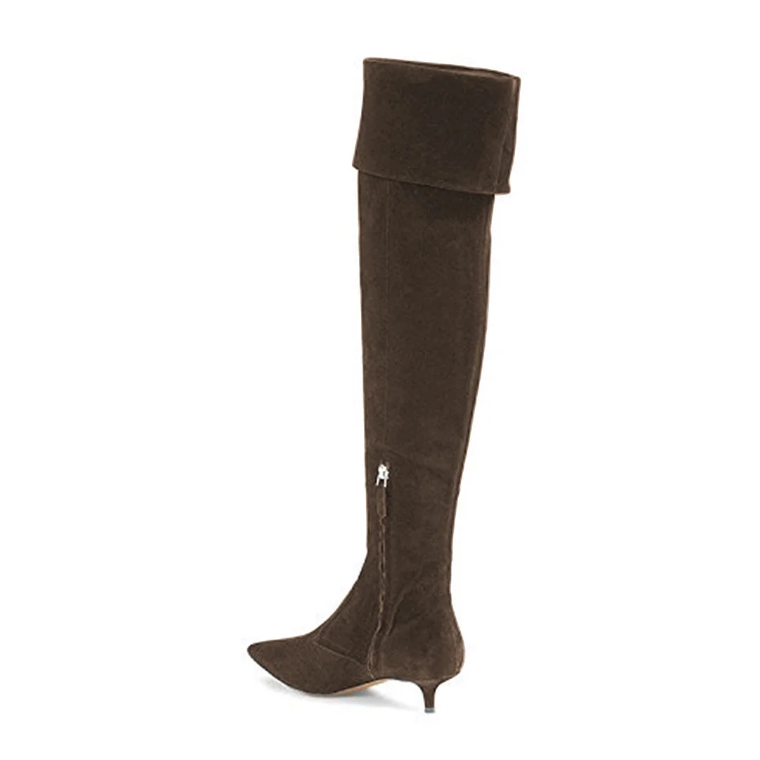 Dark Brown Faux Suede Pointed Toe Over-The-Knee Side-Zip Boots
