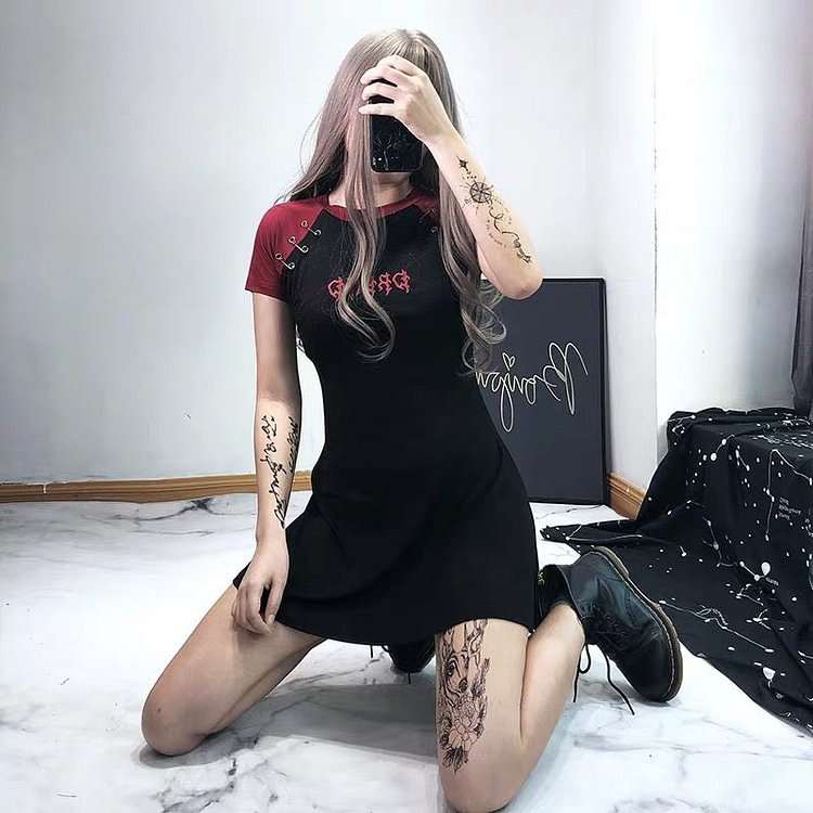 Gothic Letter Embroidery A-Line T-Shirt Dress