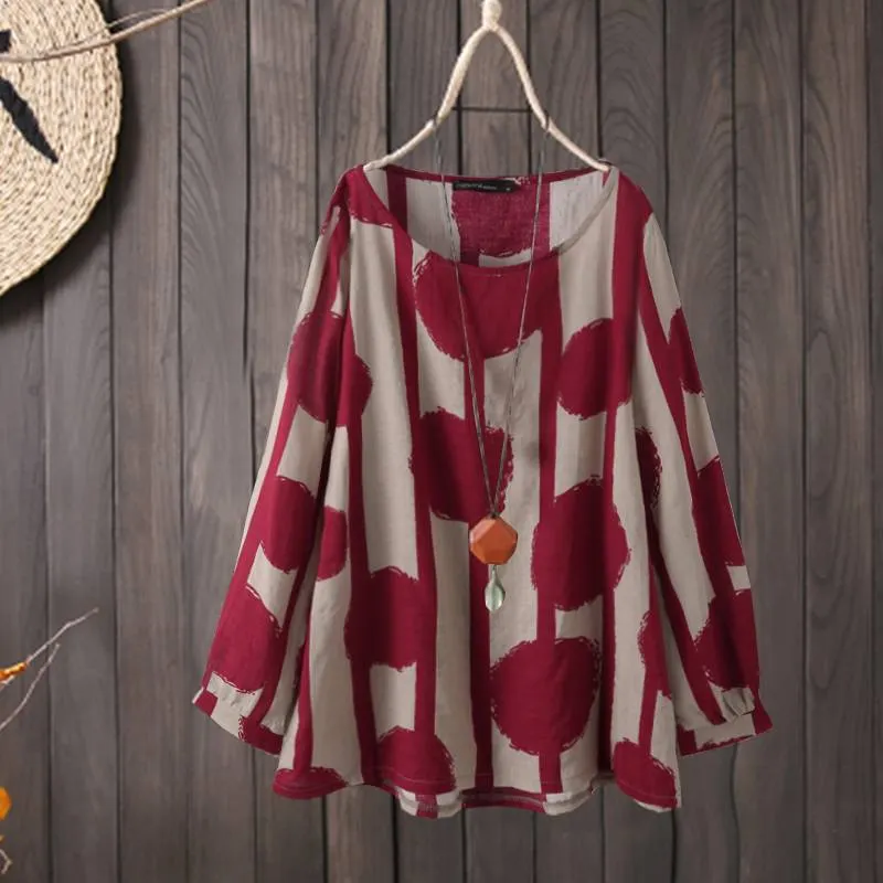 Vintage O Neck Long Sleeve Blouse Spring Women Polka Dot Printed Shirt ZANZEA Female Casual Loose Blusas Chemise Tunic Tops