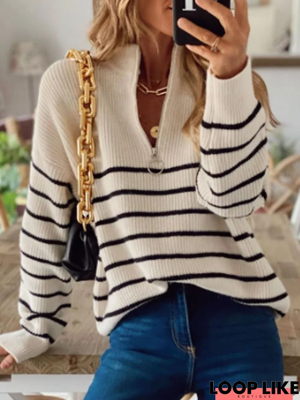 V Neck Zipper Long Sleeve Stripes Sweater