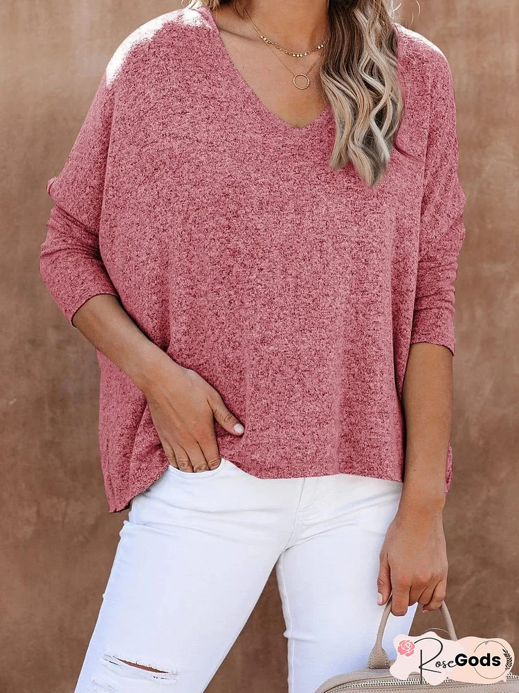 T-Shirts Solid Wool Fleece Bat Sleeve V-Neck Pullover T-Shirts for Women