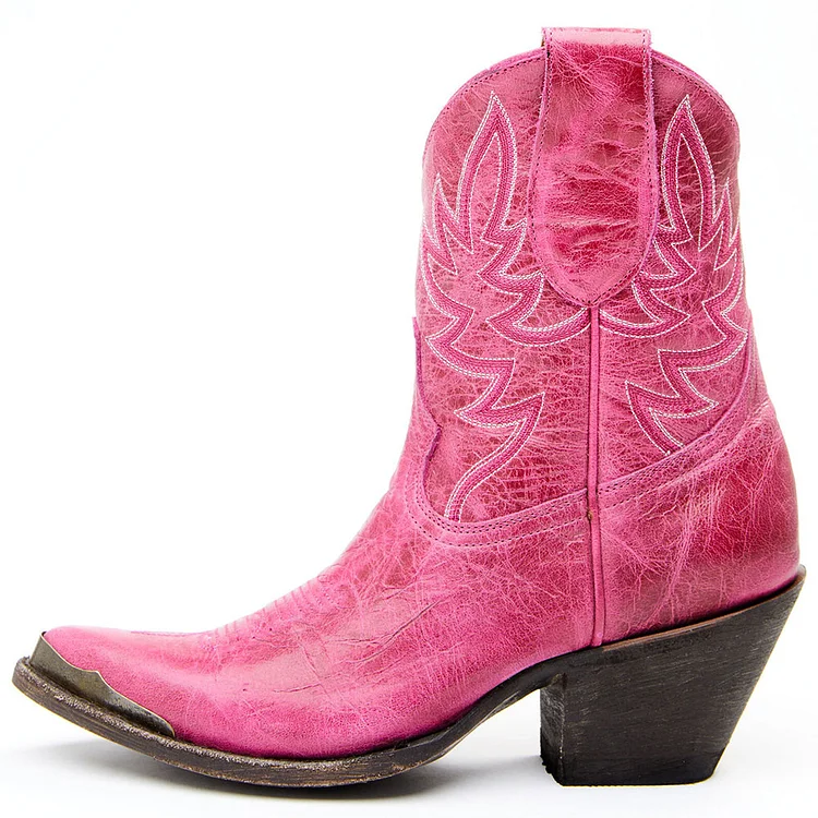 Vintage Chunky Heel Booties Embroidered Cowgirl Boots in Hot Pink |FSJ Shoes