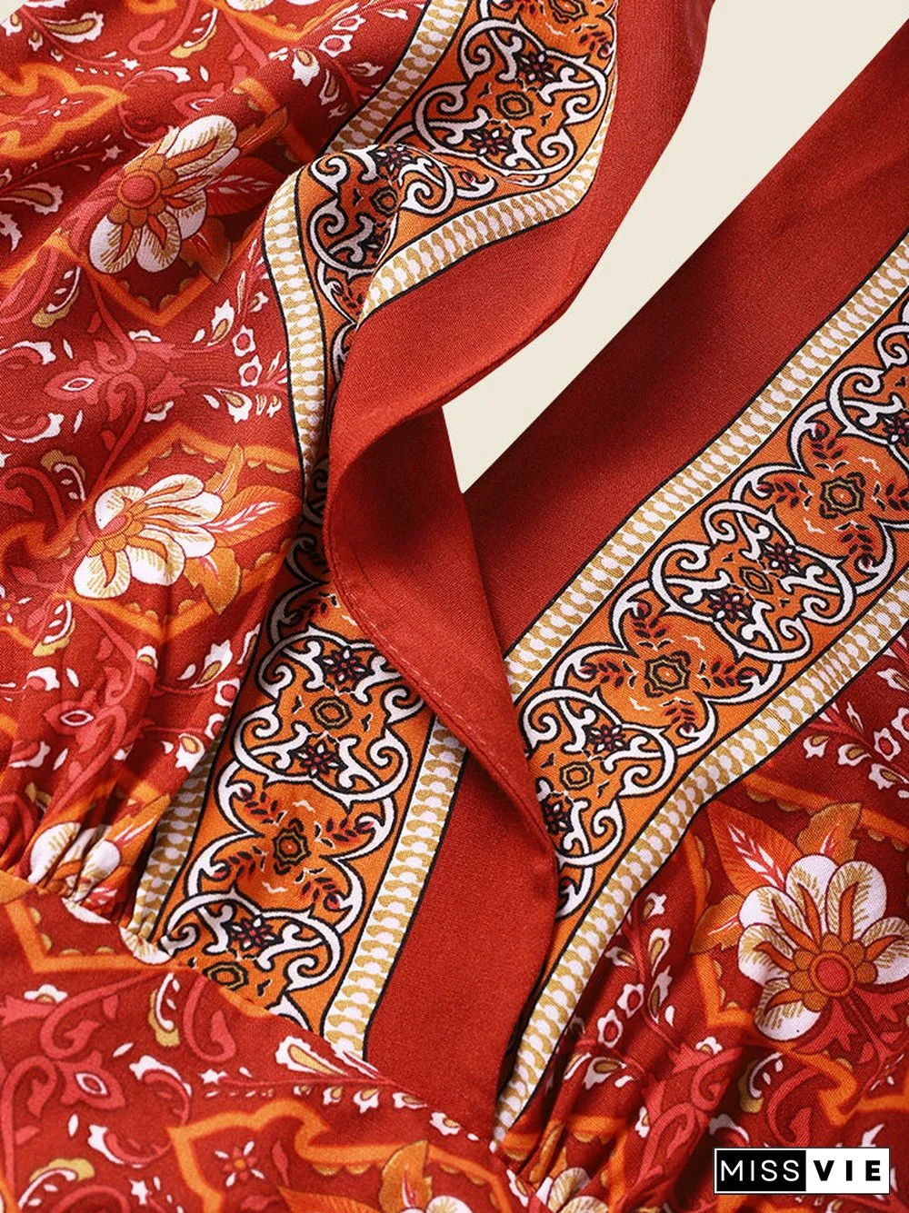 Bohemian Flower Self Tie Halter Open Back Bow Maxi Swing Dress