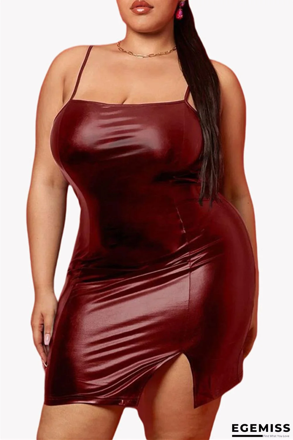 Burgundy Sexy Casual Plus Size Solid Backless Slit Spaghetti Strap Sleeveless Dress | EGEMISS