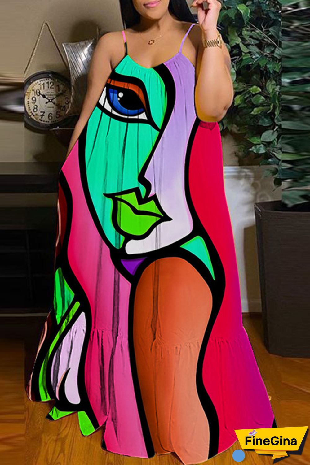 Purple Sexy Casual Print Backless Spaghetti Strap Long Dress Dresses